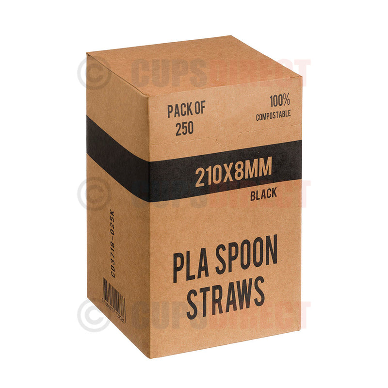 Load image into Gallery viewer, Box of 8mm black PLA spoon straws for takeaway drinks
