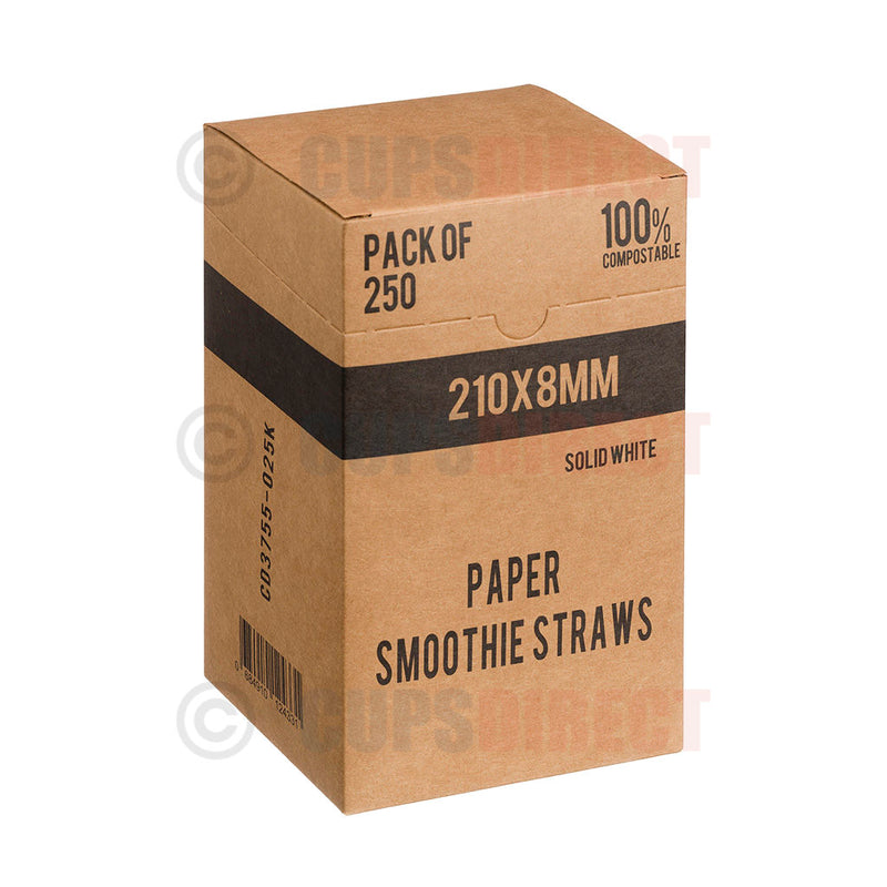 Load image into Gallery viewer, Box of 8mm white paper smoothie straws for takeaway drinks