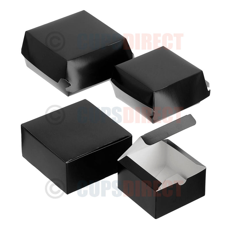 Load image into Gallery viewer, Black clamshell burger box range showing multiple sizes for takeaway food