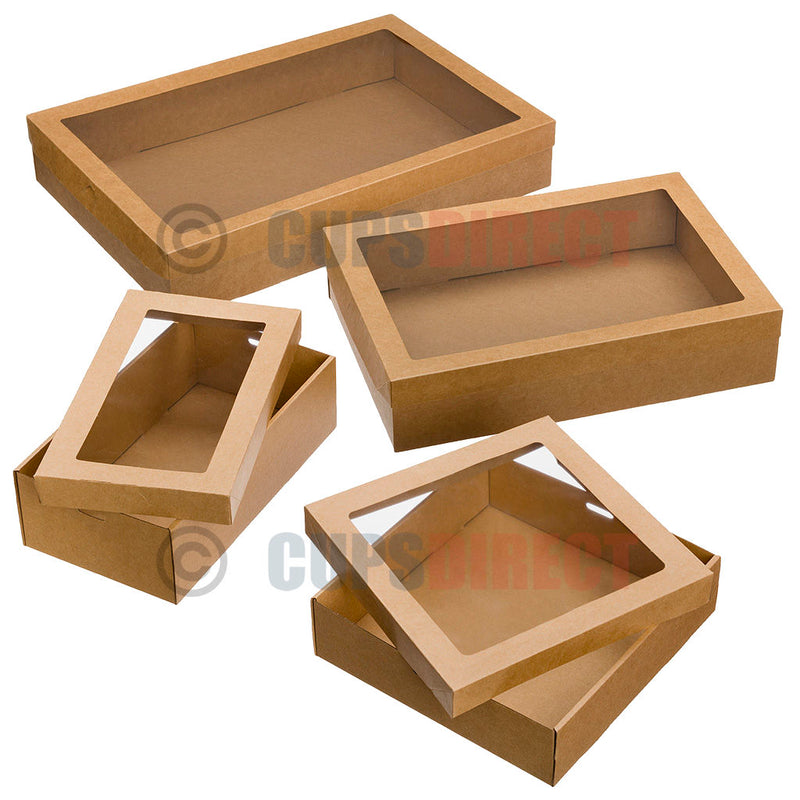 Load image into Gallery viewer, Kraft platter boxes with clear window lids in assorted sizes for catering platters