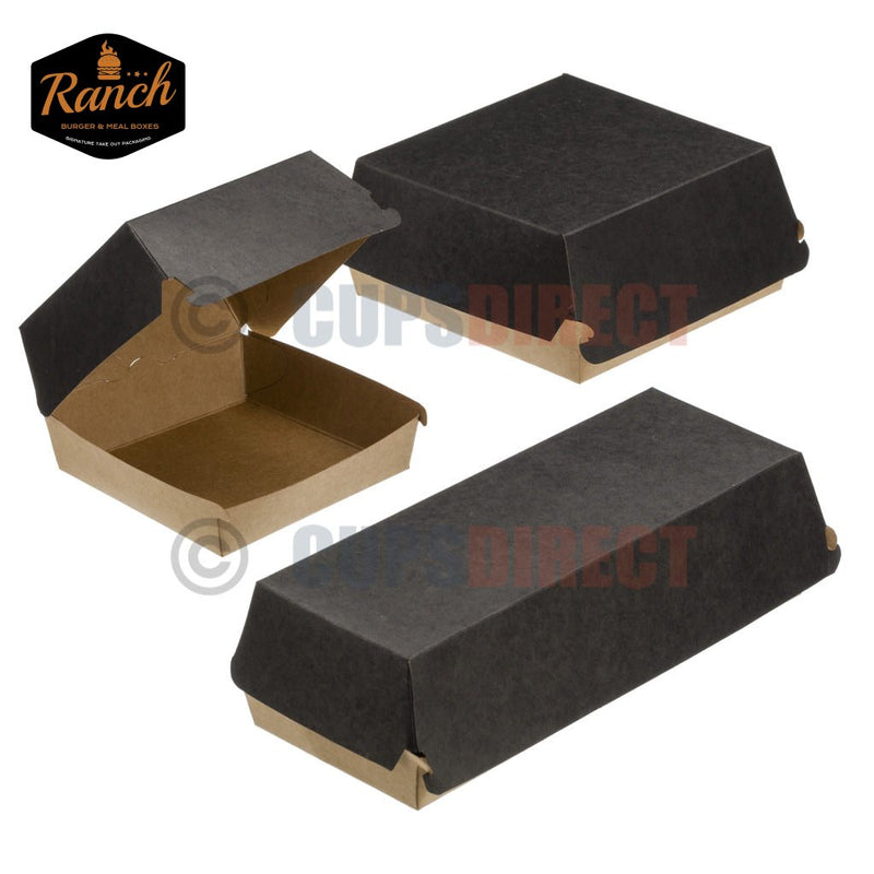 Load image into Gallery viewer, Black kraft compostable Ranch Burger meal box group image, showcasing eco-friendly takeaway boxes