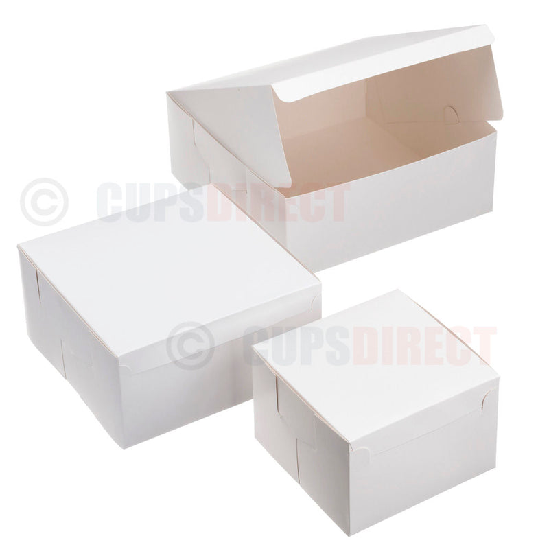 Load image into Gallery viewer, White cake and dessert box range showing assorted sizes suitable for tall cakes