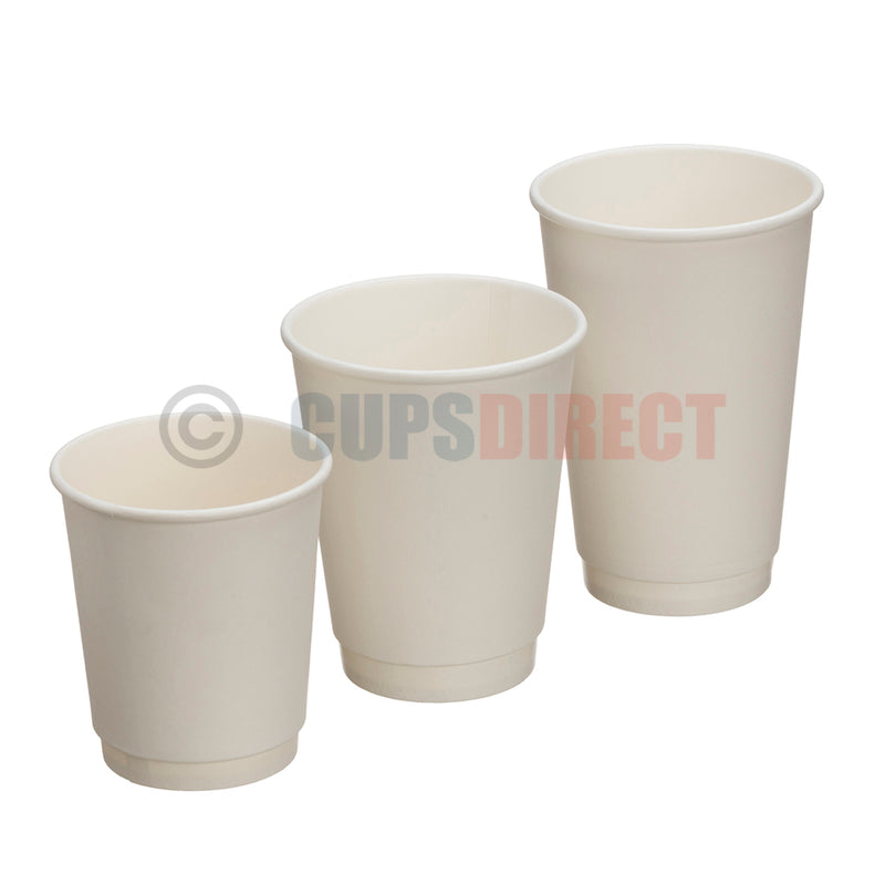 Load image into Gallery viewer, Range of white double wall hot paper cups in various sizes for hot beverages