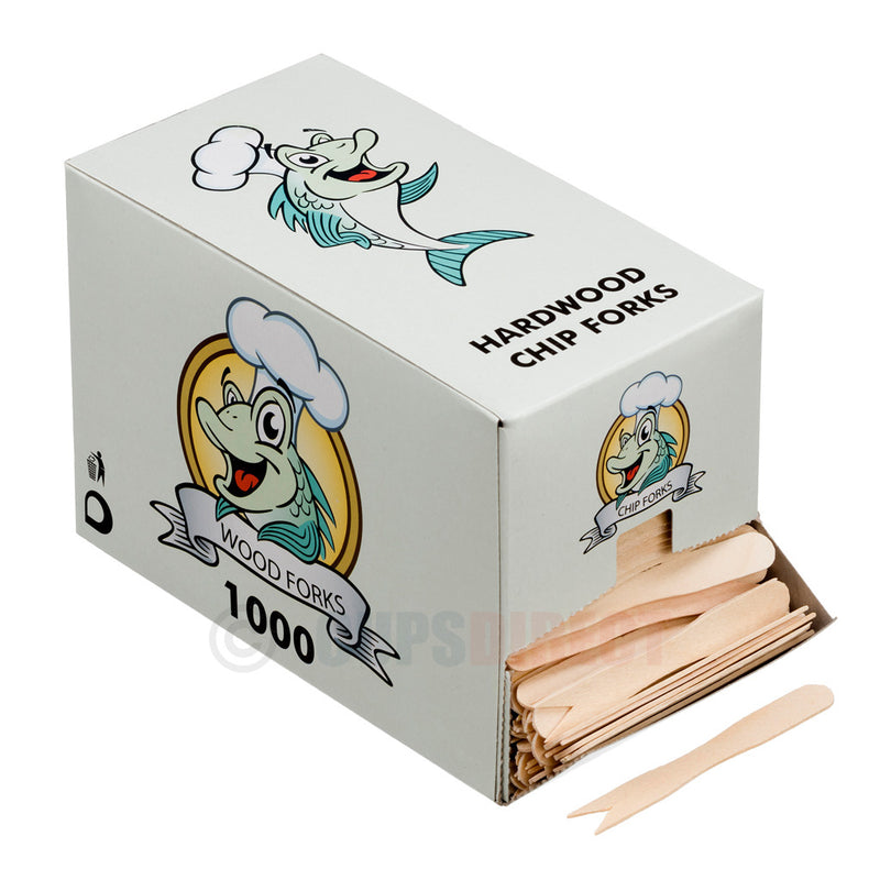 Load image into Gallery viewer, Box of wooden chip forks with several forks displayed outside