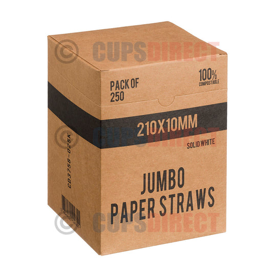 Box of 10mm white jumbo paper straws for takeaway drinks