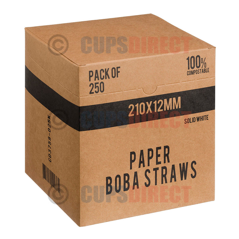 Load image into Gallery viewer, Box of 12mm white paper boba straws for bubble tea and takeaway drinks
