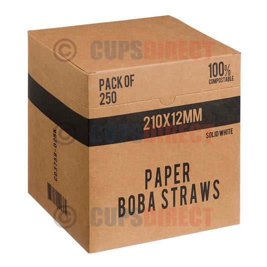 Box of 12mm white paper boba straws for bubble tea and takeaway drinks