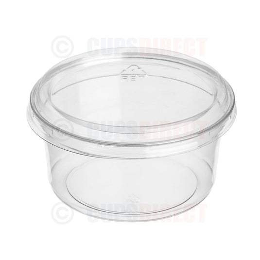 Clear PET deli pot lid shown fitted on container, 250ml size