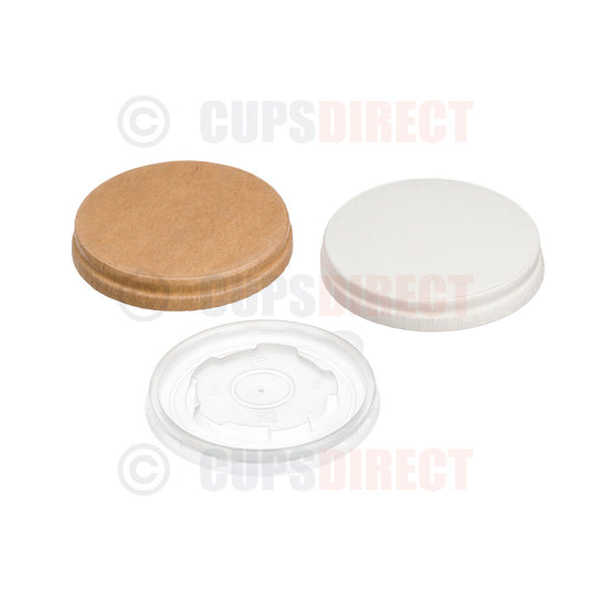 Group image of 7oz sauce cup lids in kraft, white and clear PP options