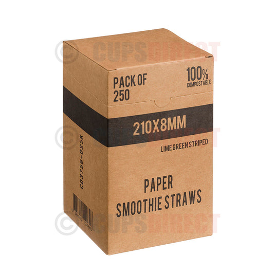 Box of 8mm green striped paper smoothie straws for takeaway drinks