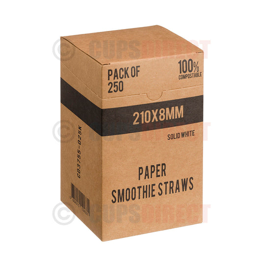 Box of 8mm white paper smoothie straws for takeaway drinks