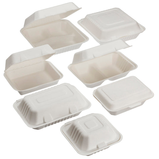Assorted compostable bagasse clamshell food containers shown as full range