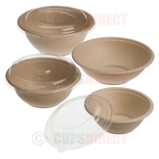 CupsDirect range of Plant Fibre Pulp Bowls and Lids for Salads, Poke Bowls and Food-to-Go
