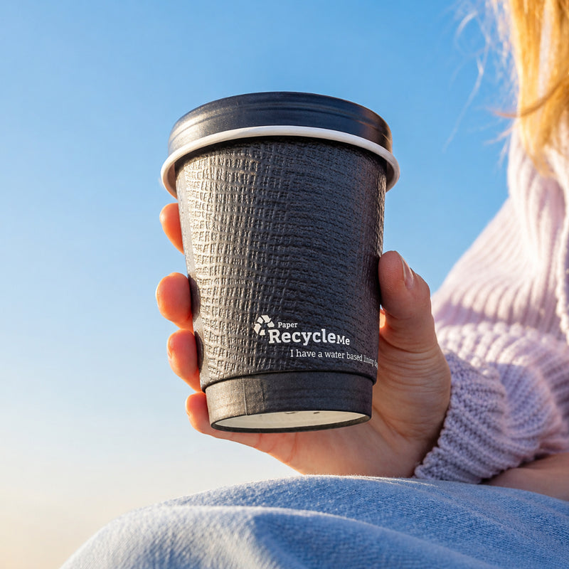Load image into Gallery viewer, AQ Lined Recyclable – Black Embossed Double Wall Coffee Cup Range

