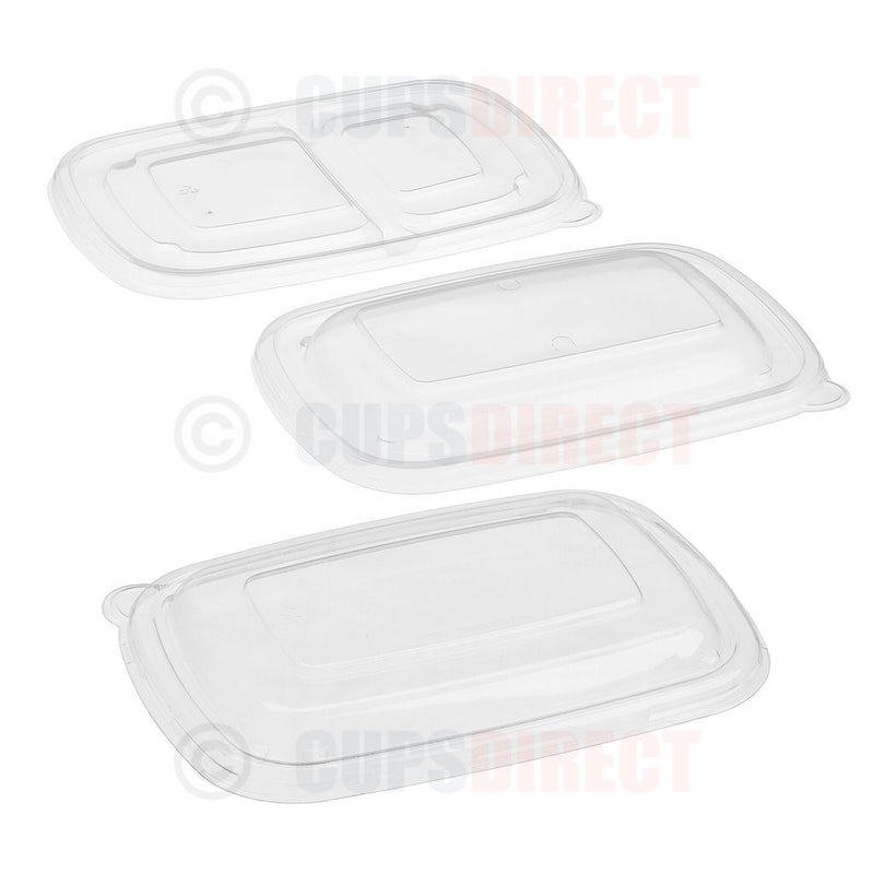 Load image into Gallery viewer, Three clear plastic rectangular food container lids of different sizes, CUPSDIRECT watermark.
