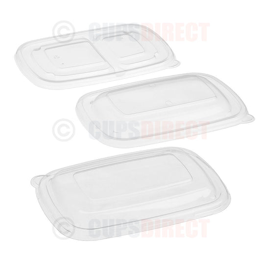 Three clear plastic rectangular food container lids of different sizes, CUPSDIRECT watermark.