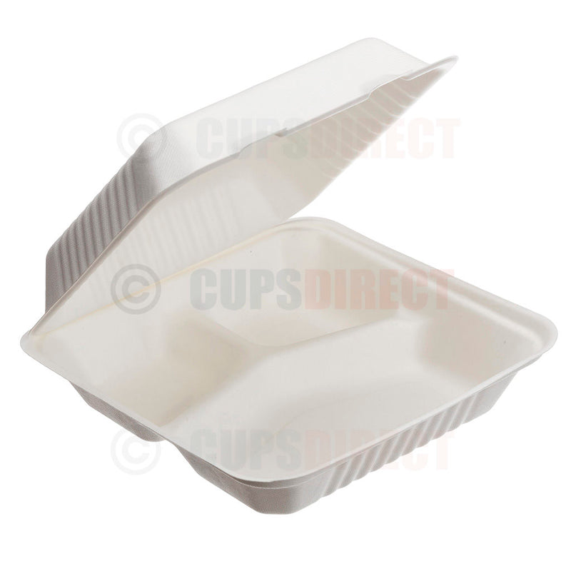 Load image into Gallery viewer, Bagasse clamshell large box with 3 compartments
