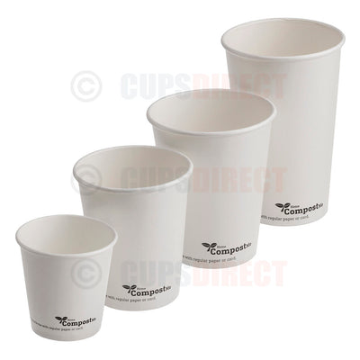 Set of four bio recyclable single wall hot cups with AQ lining, ideal for compostable coffee serving