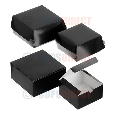 Black clamshell burger box range showing multiple sizes for takeaway food