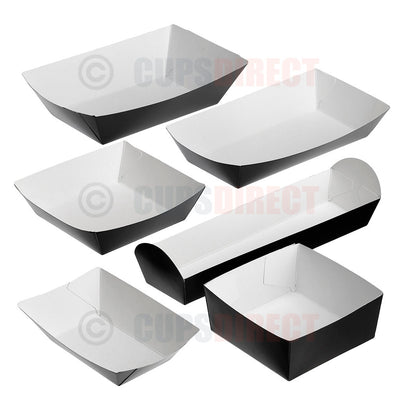 Black compostable paper tray range in assorted sizes