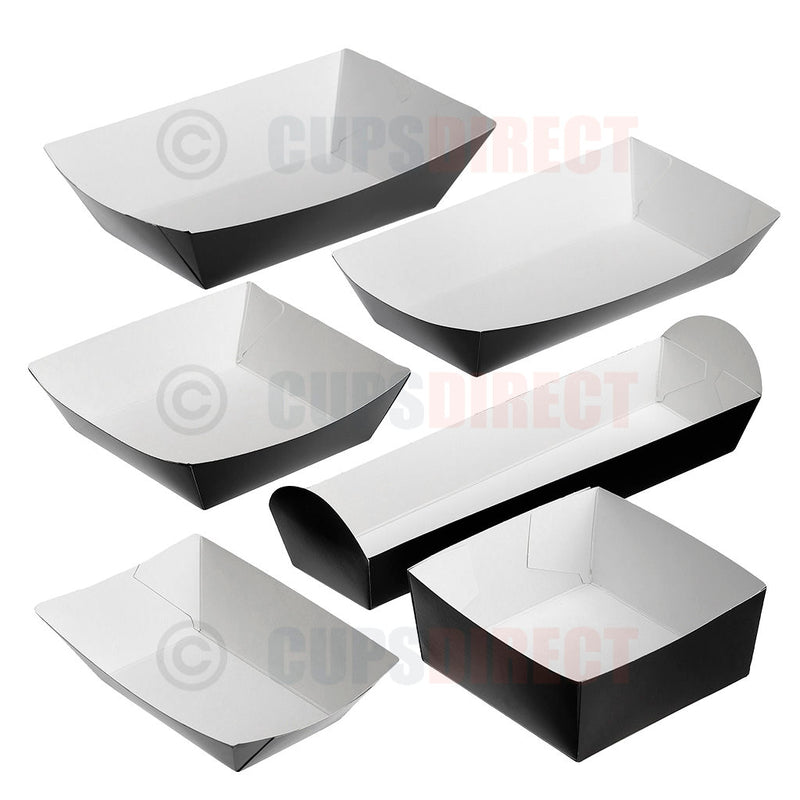 Load image into Gallery viewer, Black compostable paper tray range in assorted sizes
