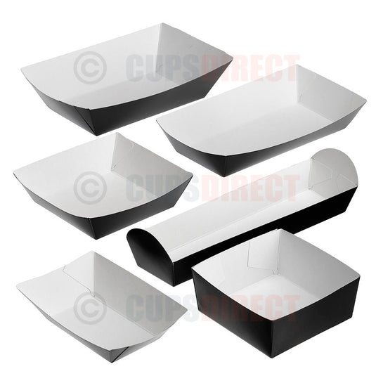 Black compostable paper tray range in assorted sizes
