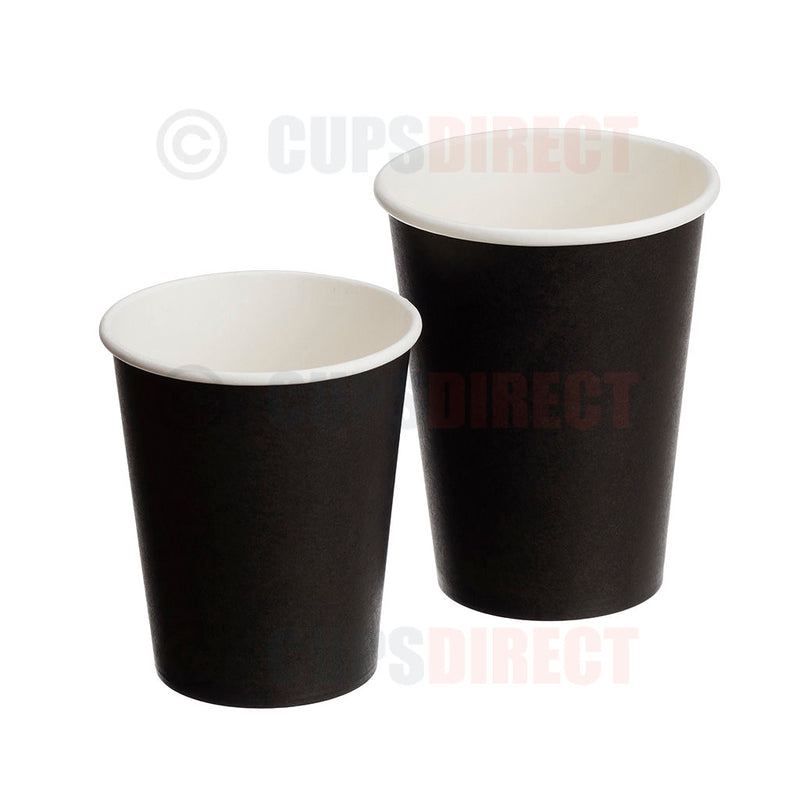 Load image into Gallery viewer, Range of black single wall hot paper cups in various sizes ideal for hot beverages
