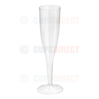 Clear plastic champagne flute glass, 130ml capacity, suitable for events and celebrations