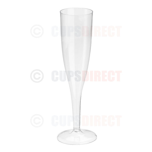 Clear plastic champagne flute glass, 130ml capacity, suitable for events and celebrations
