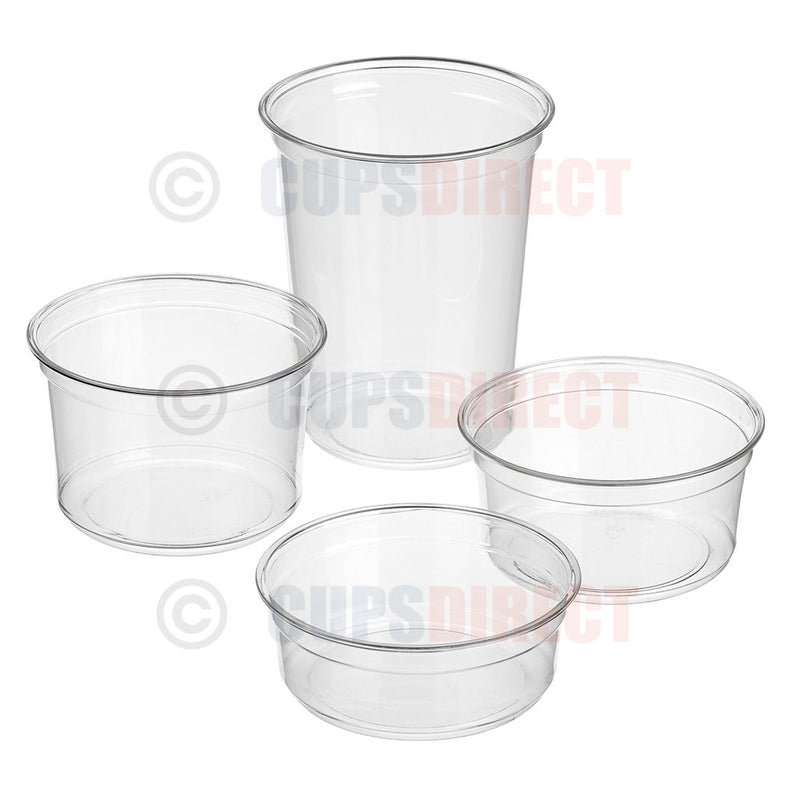 Load image into Gallery viewer, Clear PET deli pots laid out showing multiple capacities for salads, sides and deli items
