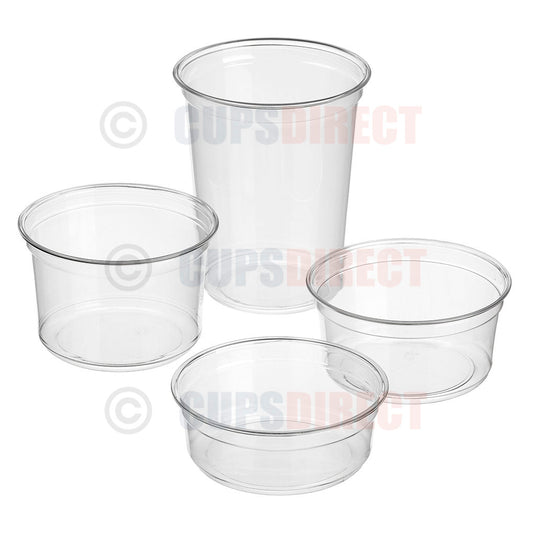 Clear PET deli pots laid out showing multiple capacities for salads, sides and deli items