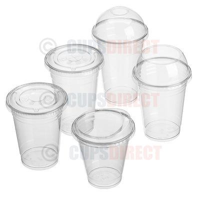 Clear diamond-patterned PET smoothie cups with matching lids, ideal for bulk wholesale use