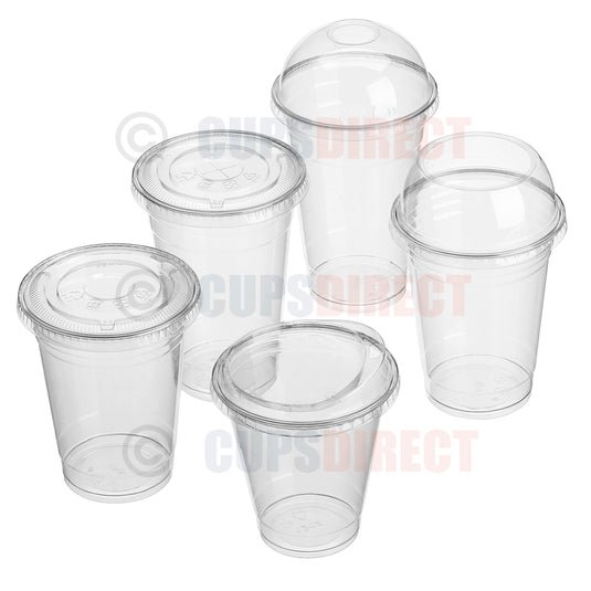 Clear diamond-patterned PET smoothie cups with matching lids, ideal for bulk wholesale use