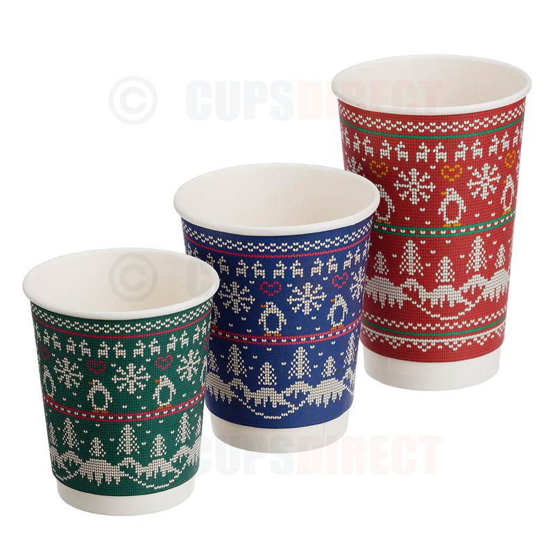 Load image into Gallery viewer, Set of festive Christmas double wall hot cups in 8oz, 12oz, and 16oz sizes with seasonal red and green designs
