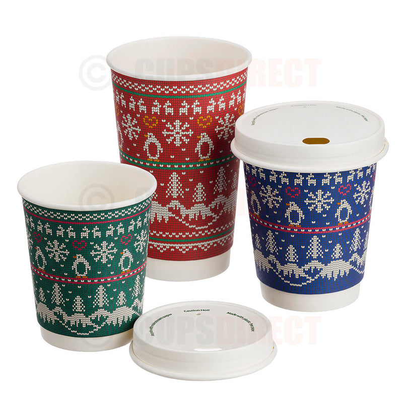Load image into Gallery viewer, Set of festive double wall hot drink cups in 8oz, 12oz, and 16oz sizes with Christmas designs and lids
