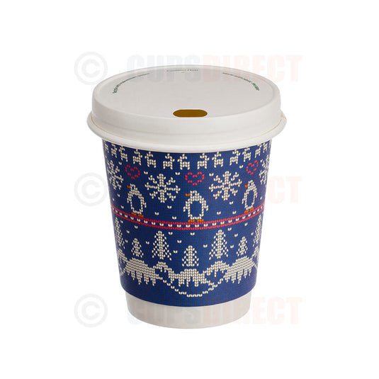 Festive double wall blue hot drink cup with a lid