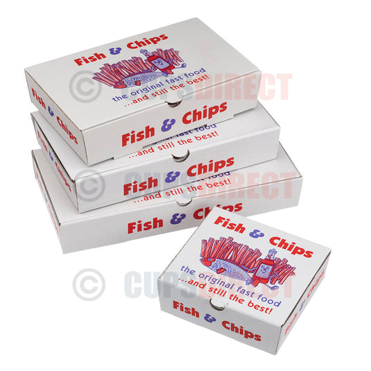 Group image of fish and chip takeaway boxes in assorted sizes