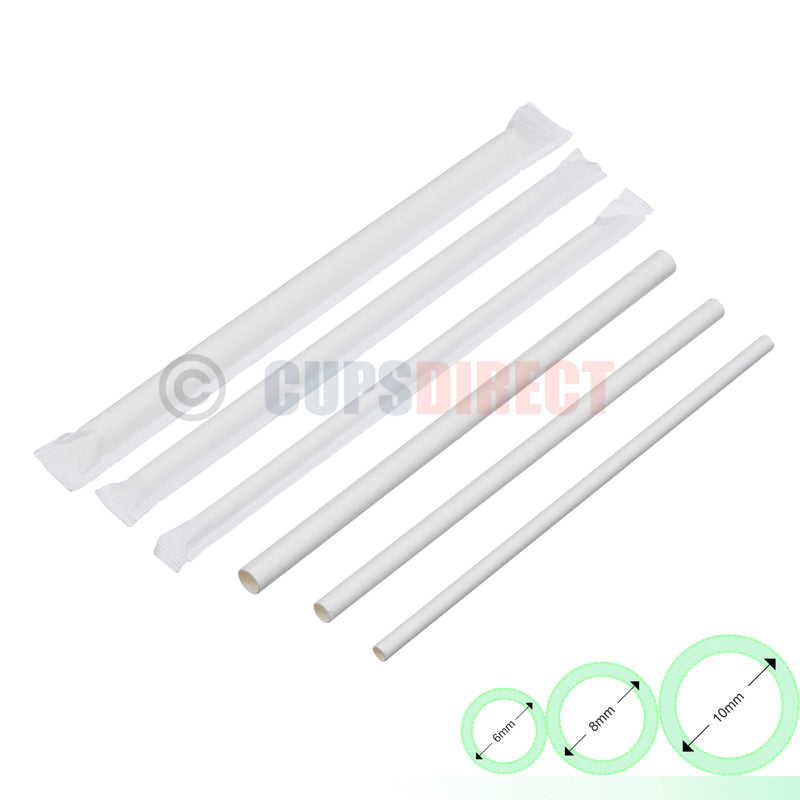Load image into Gallery viewer, Individually wrapped white paper straw range showing multiple sizes for takeaway drinks
