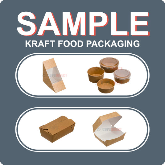 Kraft food packaging sample set showing assorted kraft boxes and portion pots