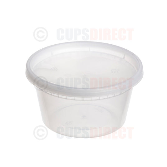 Medium round microwavable plastic deli container with lid suitable for hot foods