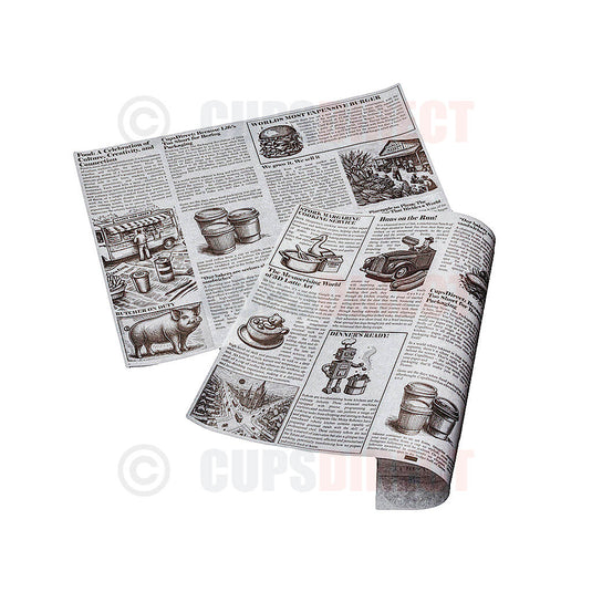 Medium newsprint greaseproof sheet for vintage-style food wrap