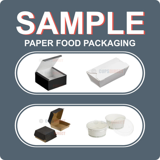 Sample pack of paper based food packaging products for catering