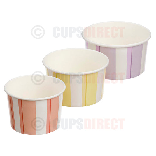 Group image of pastel stripe ice cream pots in multiple sizes