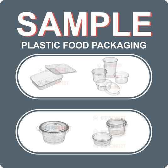 Sample pack of plastic food packaging containers and lids