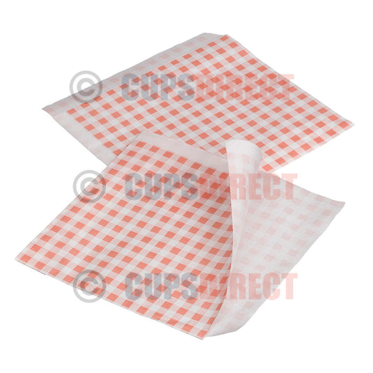 Red gingham greaseproof bag with open sides for food service
