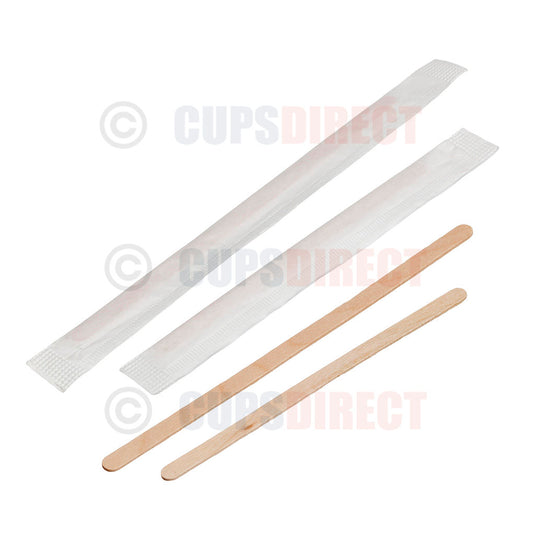 Group image of individually wrapped wooden drink stirrers