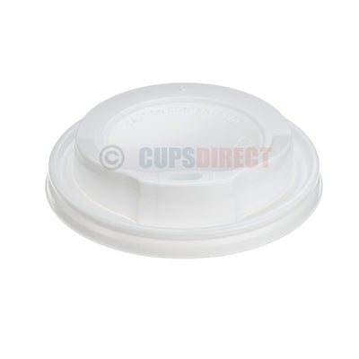 White universal fit travel lid for 12oz paper hot cups, part of UniLid sip lid range, durable plastic