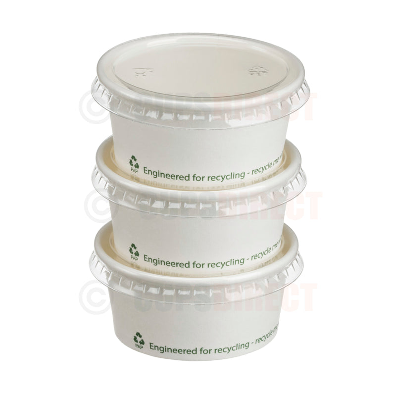 Load image into Gallery viewer, Stacked 2oz bio recyclable paper portion pots with lids for takeaway sauces
