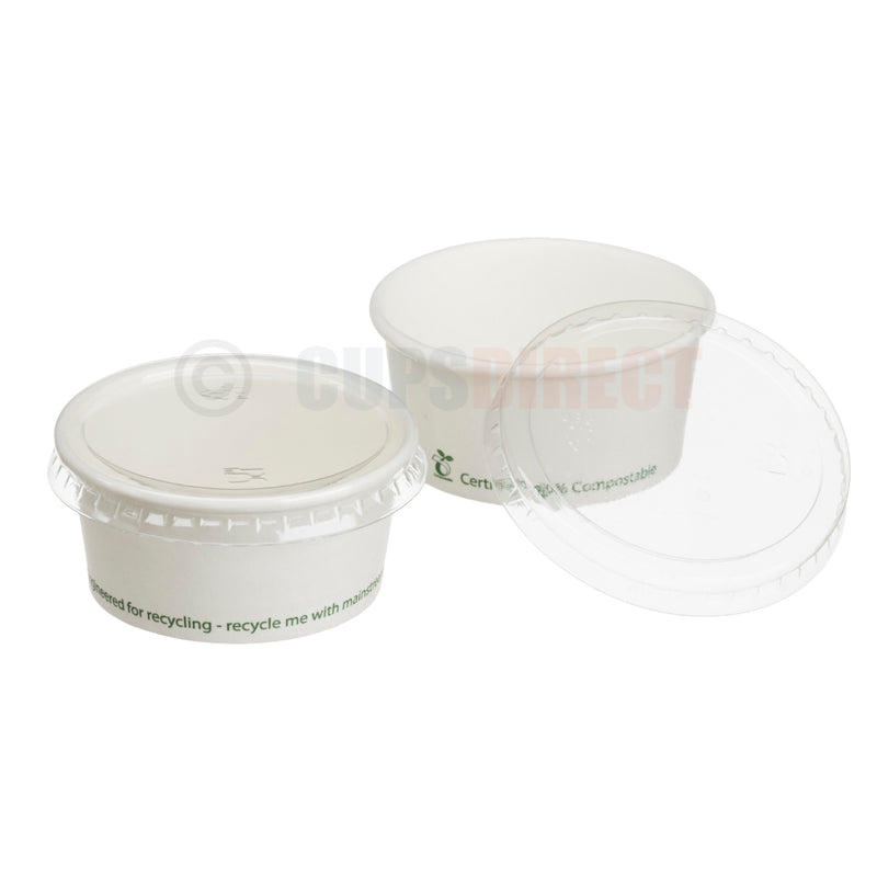 Load image into Gallery viewer, Group of 2oz bio recyclable paper portion pots with matching lids for sauces and condiments
