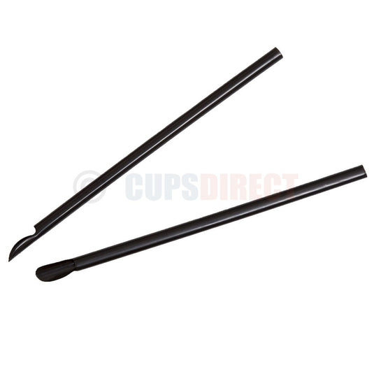 Two black PLA spoon straws shown together for product display